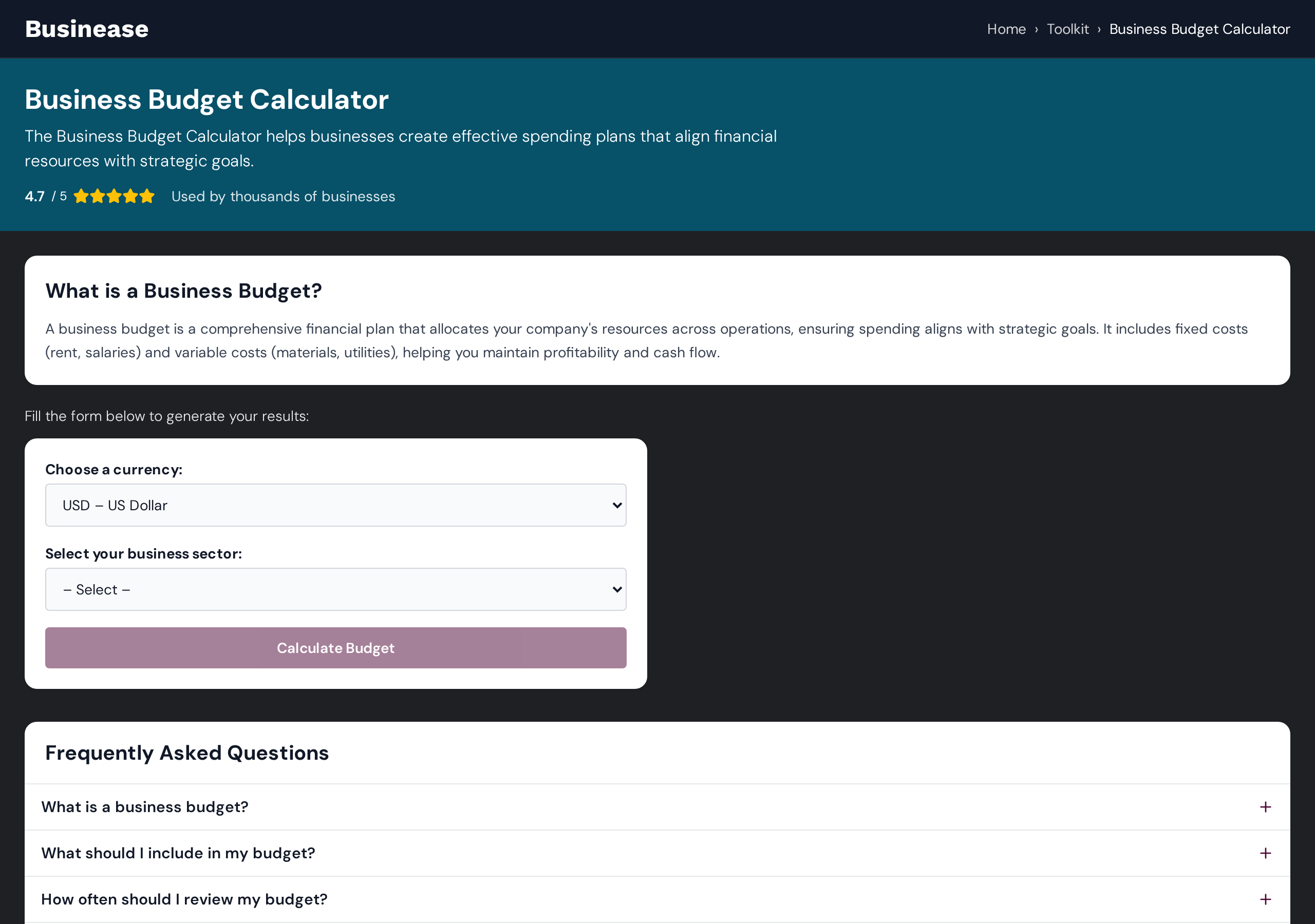 Business Budget Calculator screenshot