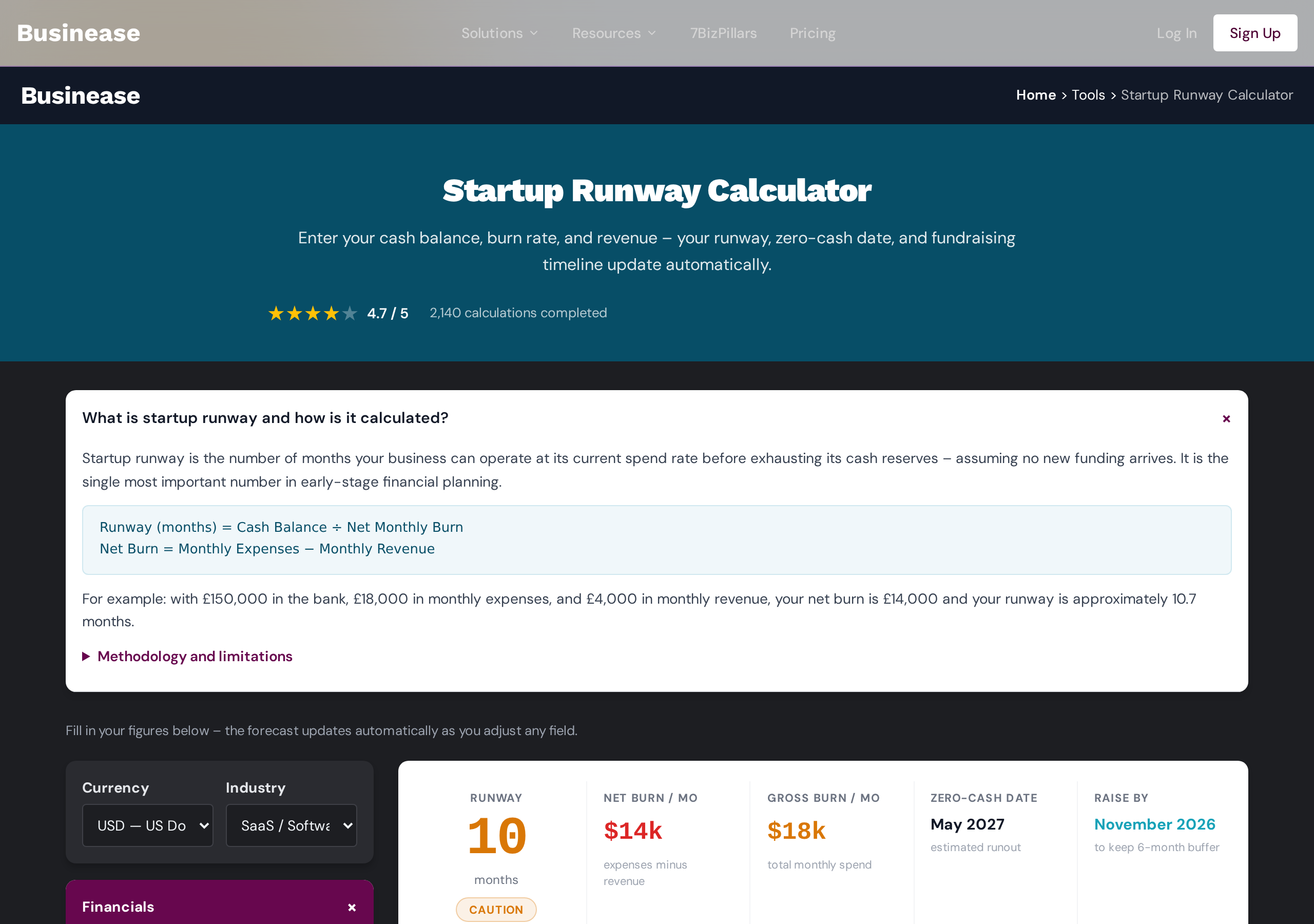 Startup Runway Calculator screenshot