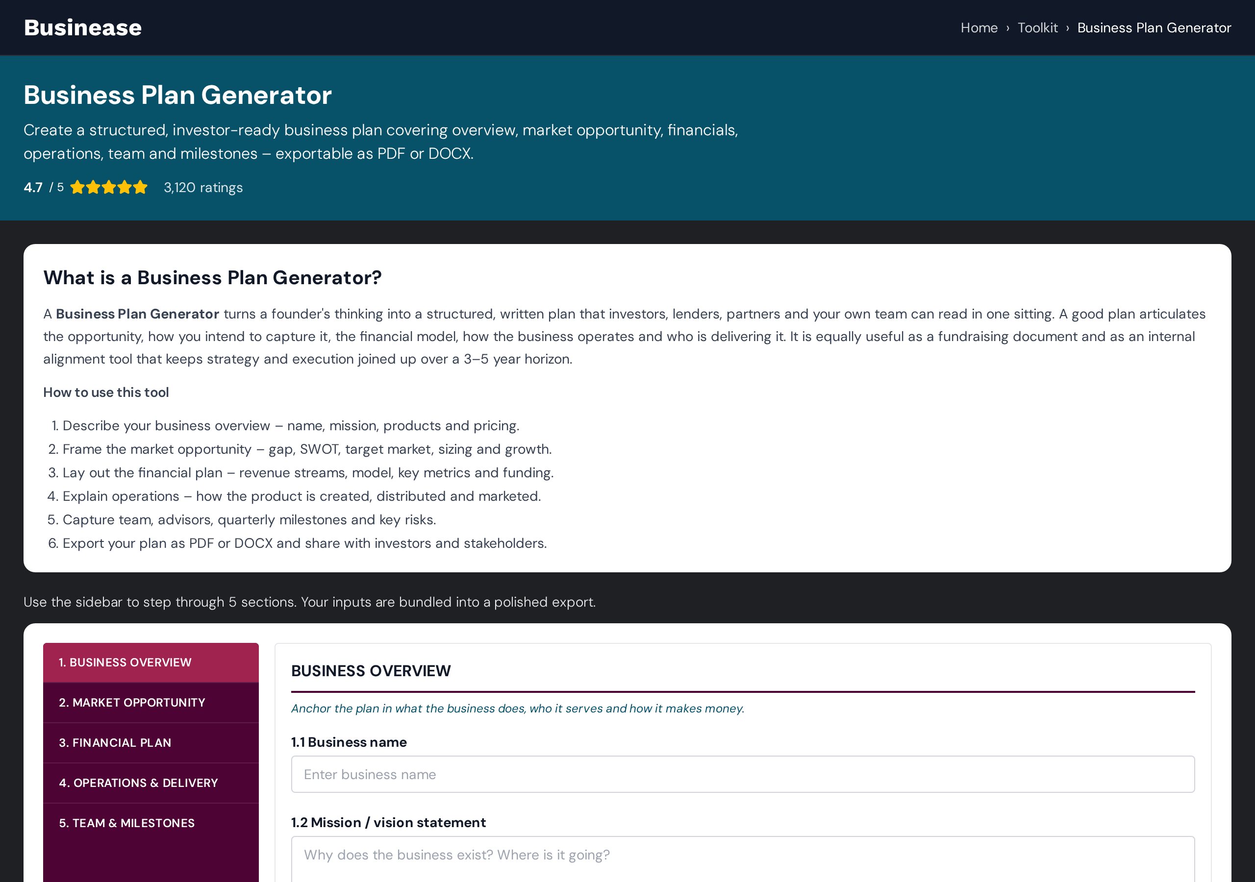 Business Plan Generator screenshot