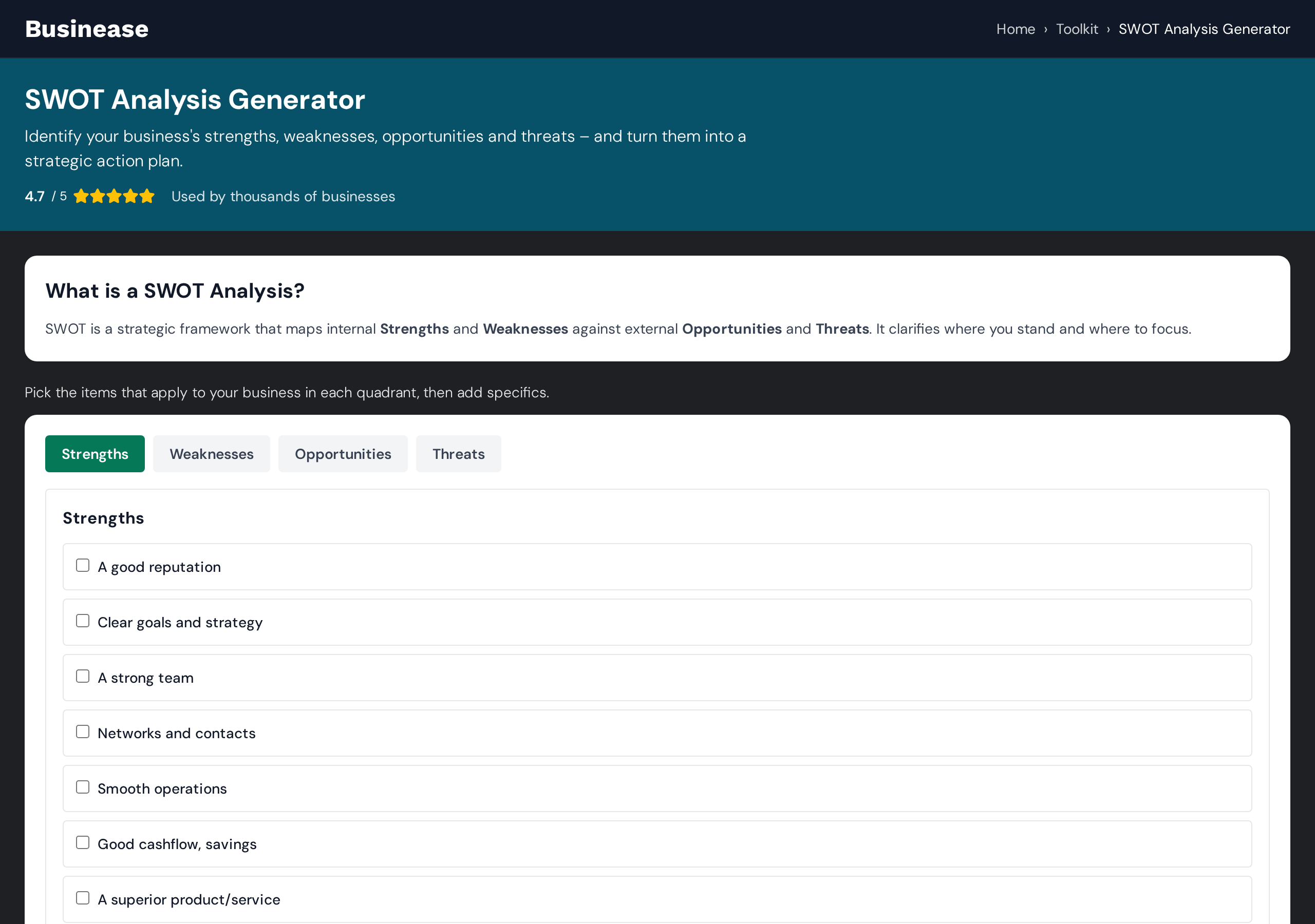 SWOT Analysis Generator screenshot